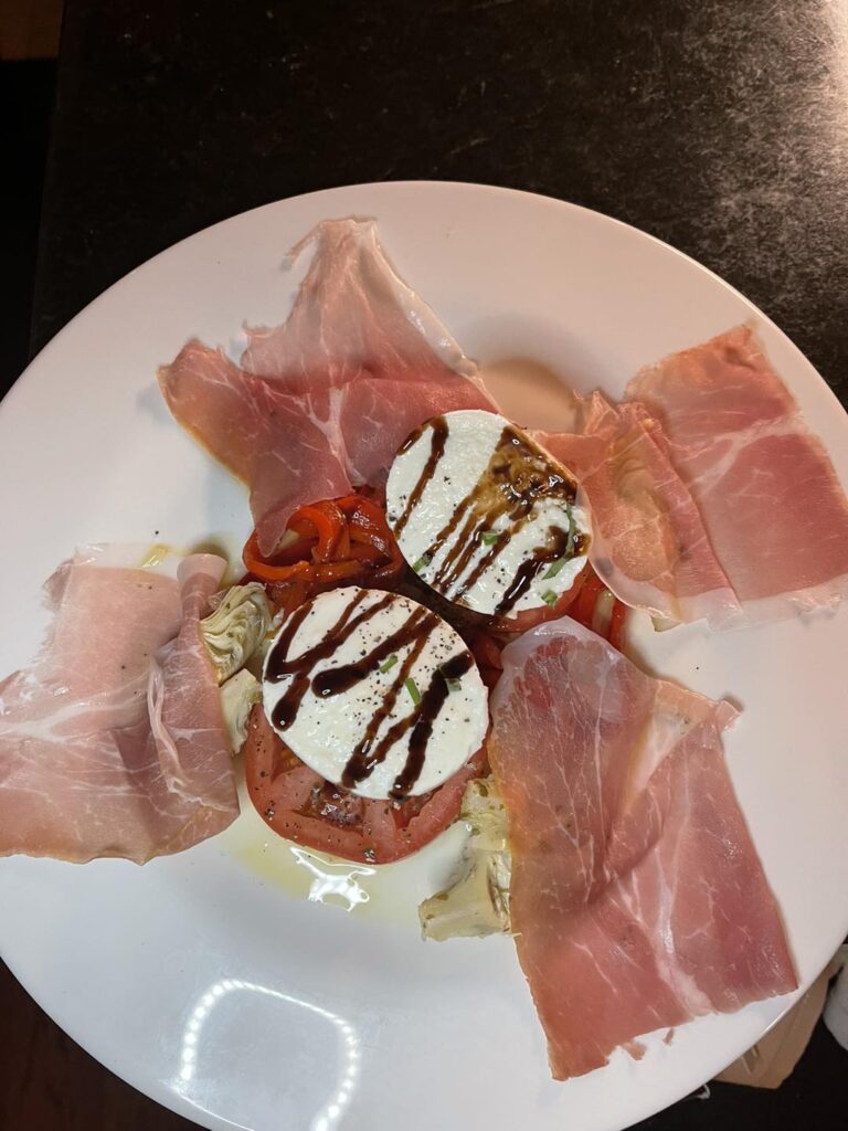 Caprese with prosciutto, fresh mozzarella, tomato and balsamic