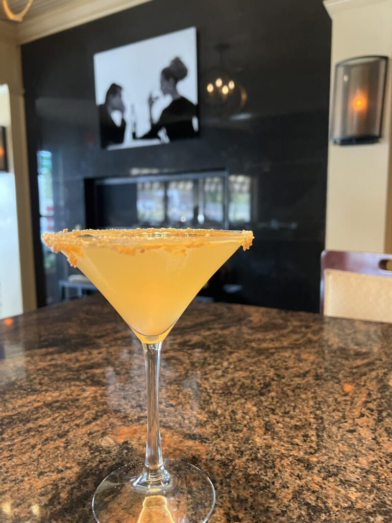 Sugar-rimmed martini on the granite bar