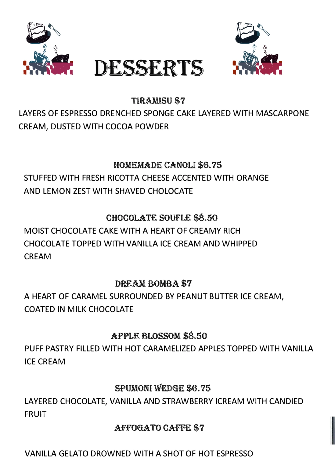 Paradiso Ristorante printed dessert menu
