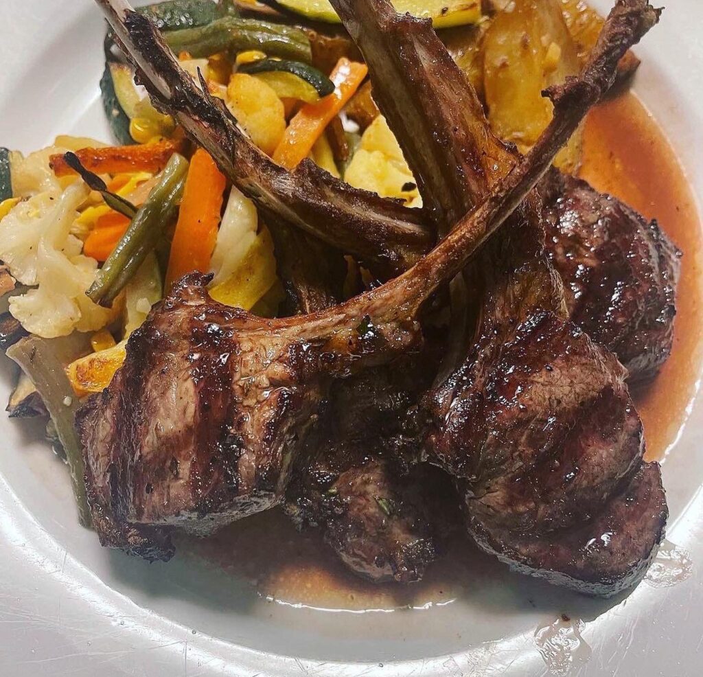 Grilled lamb chops with roasted vegetables