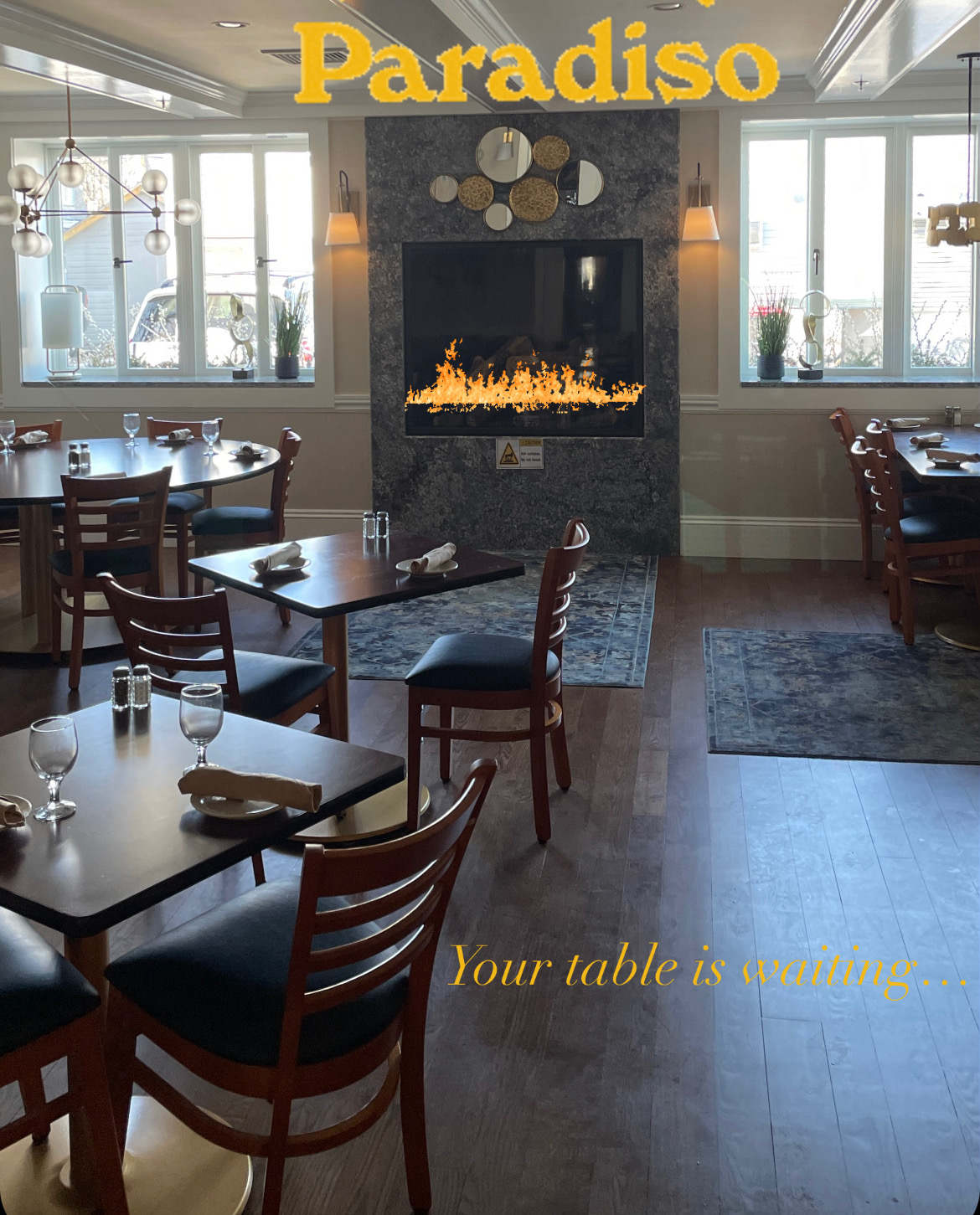 The dining room and fireplace at Paradiso Ristorante