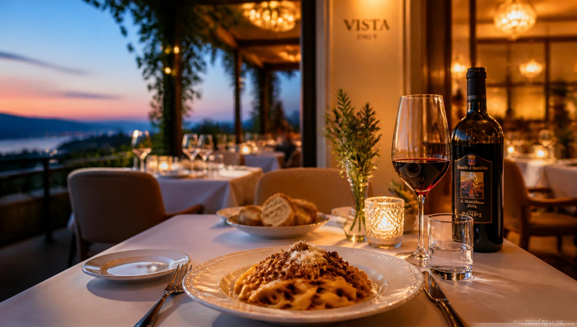 Candlelit table set with pasta and red wine on the terrace at Paradiso Ristorante